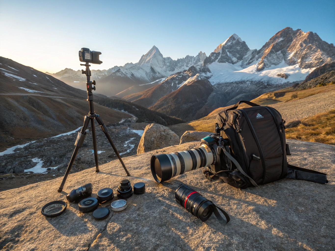 Professional camera setup on tripod in rugged landscape