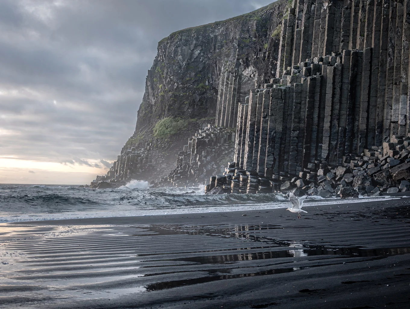 Black sand beach with basalt columns in Iceland