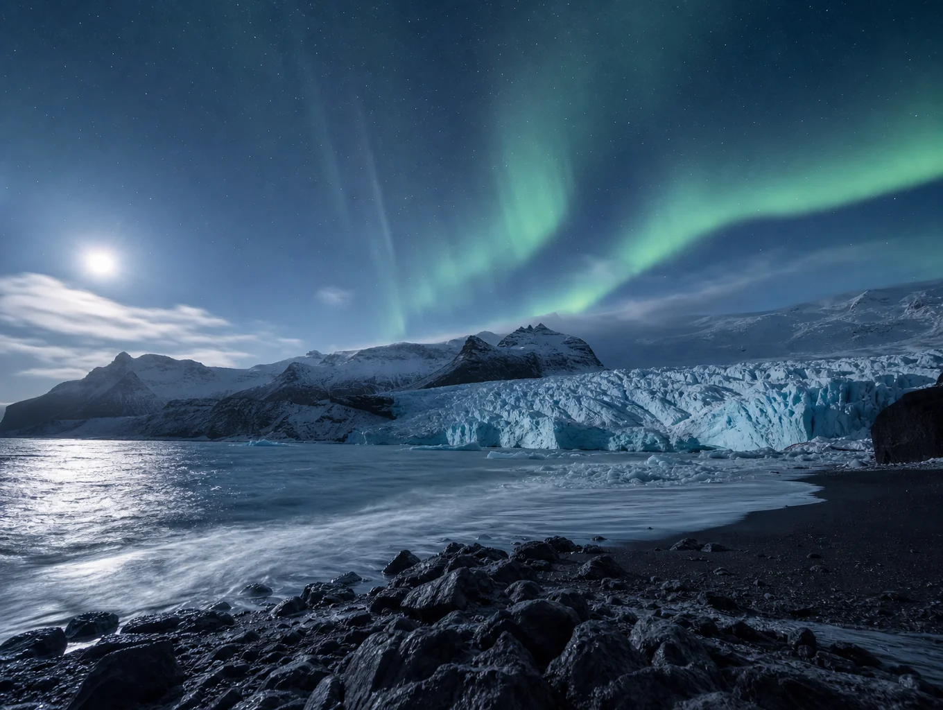 Glacial blue ice formation along volcanic coast in southern Iceland