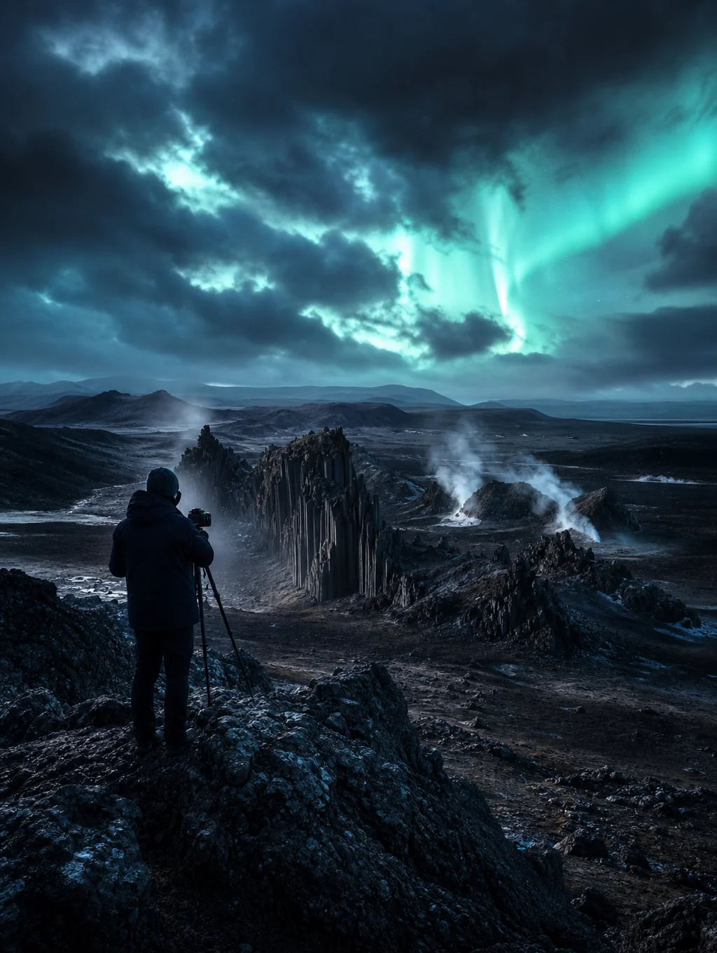 Photographer setting up a tripod in the Icelandic highlands