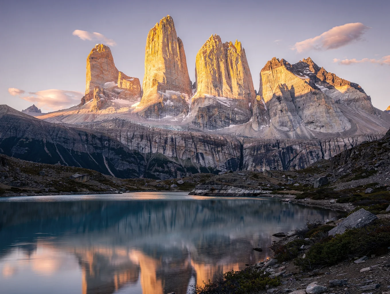 Towering granite peaks of Cuernos del Paine in Patagonia at sunrise