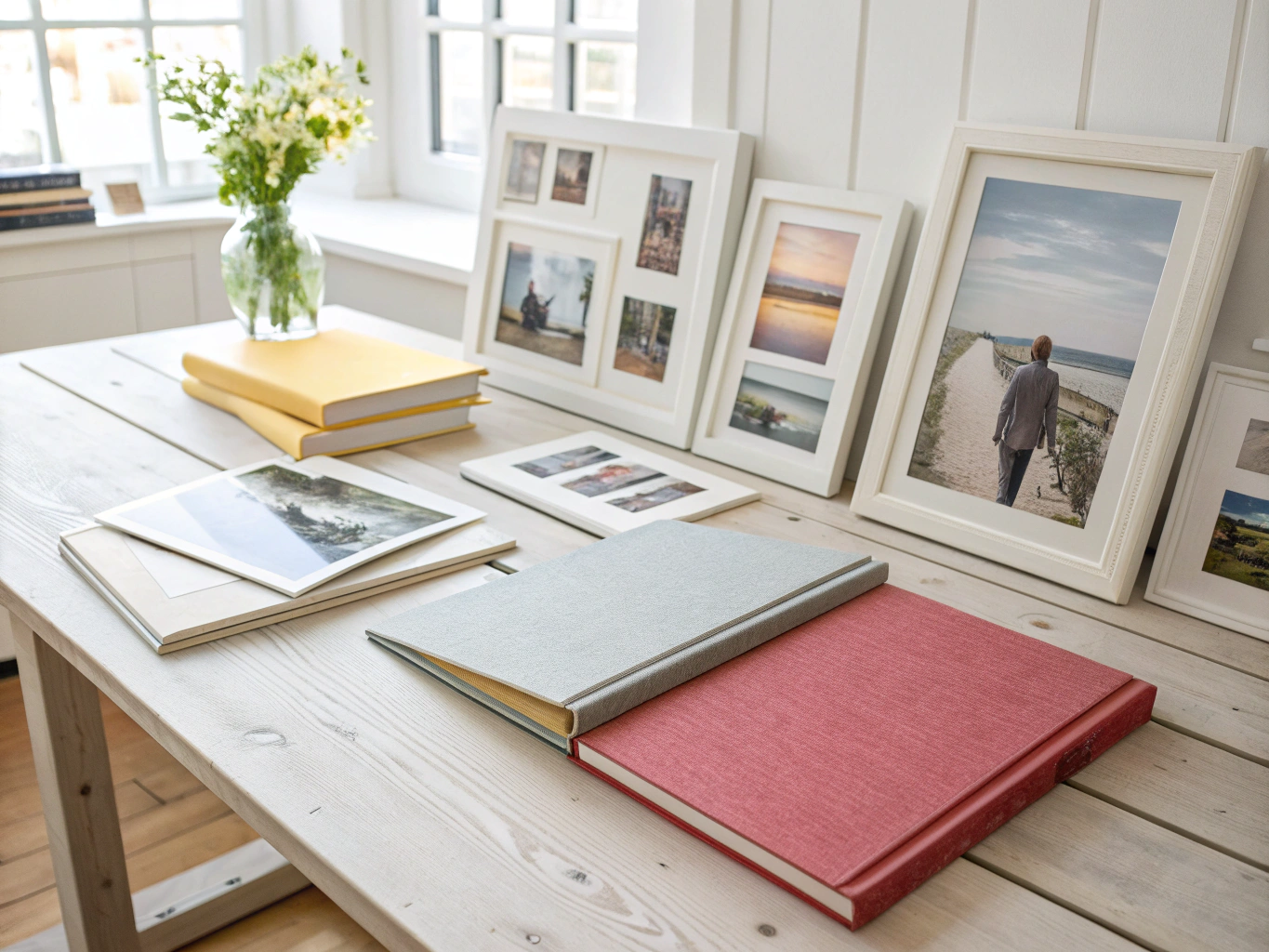 Photographer reviewing fine art prints in studio