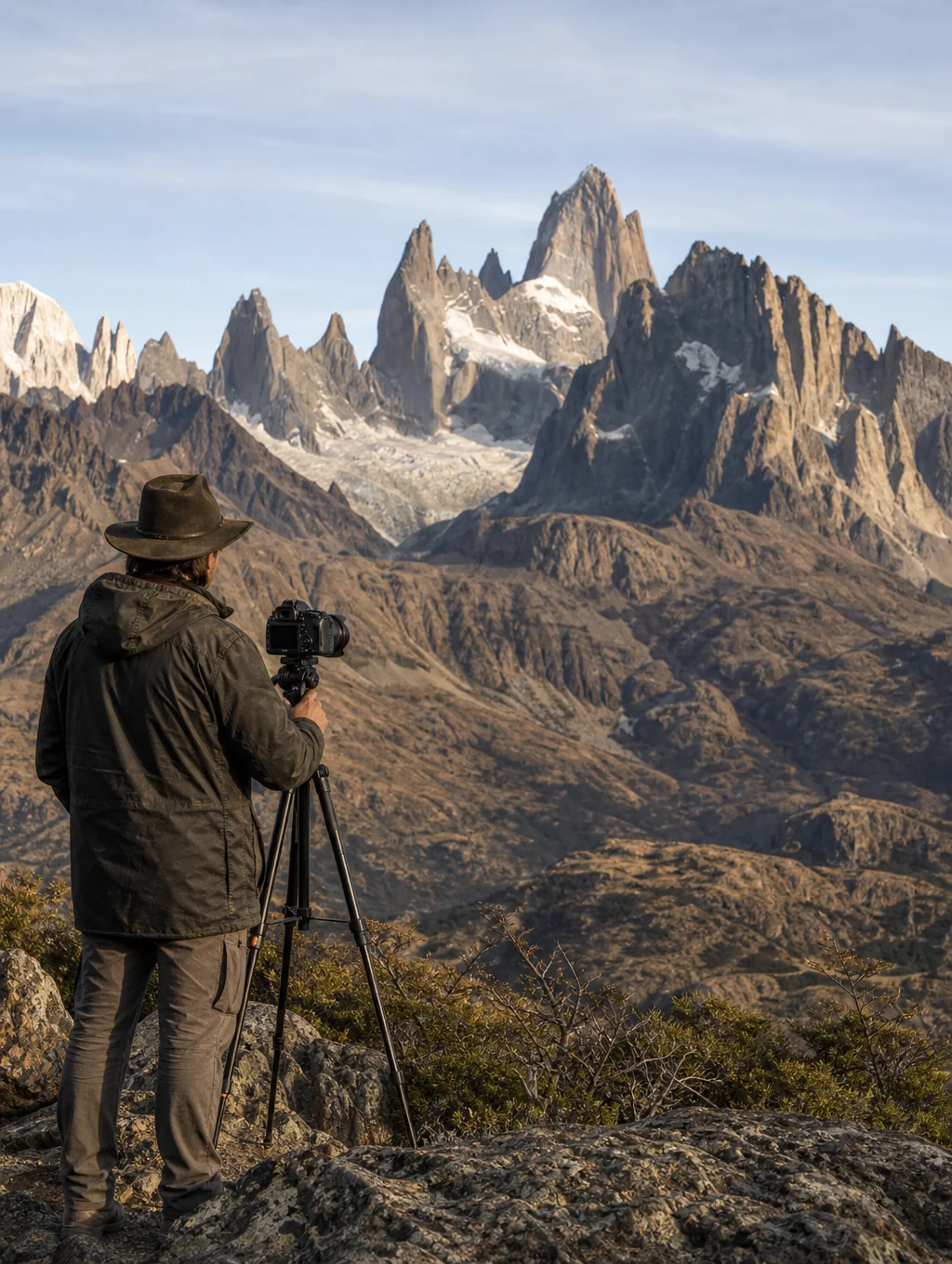 Photographer adjusting tripod in the rugged mountains of Patagonia